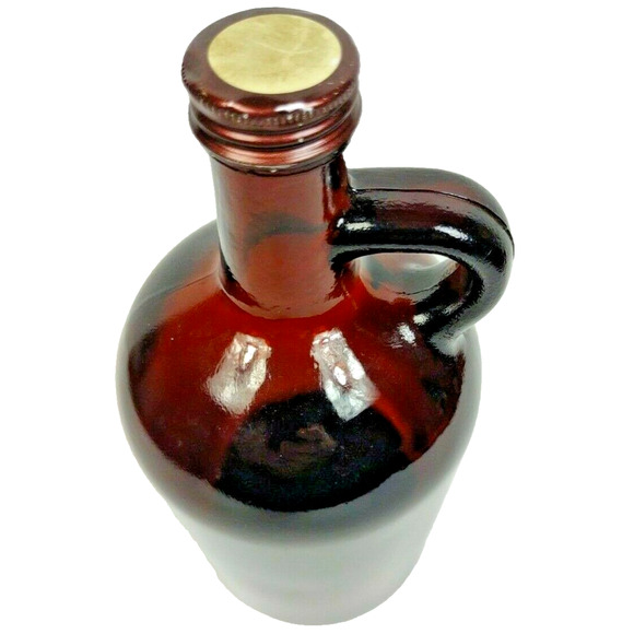 Vintage Quart Amber Glass Jug Finger Loop with Metal Lid Growler Syrup 8.5" - Picture 2 of 7